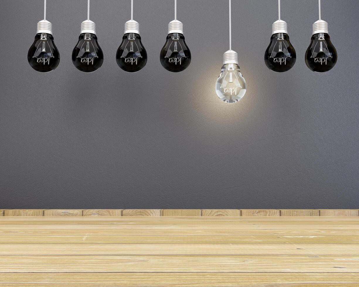 Energy saving innovation concept And the birth of knowledge and imagination A light bulb hanging on the wall And the clear side is a wooden floor. 3d illustration photo
