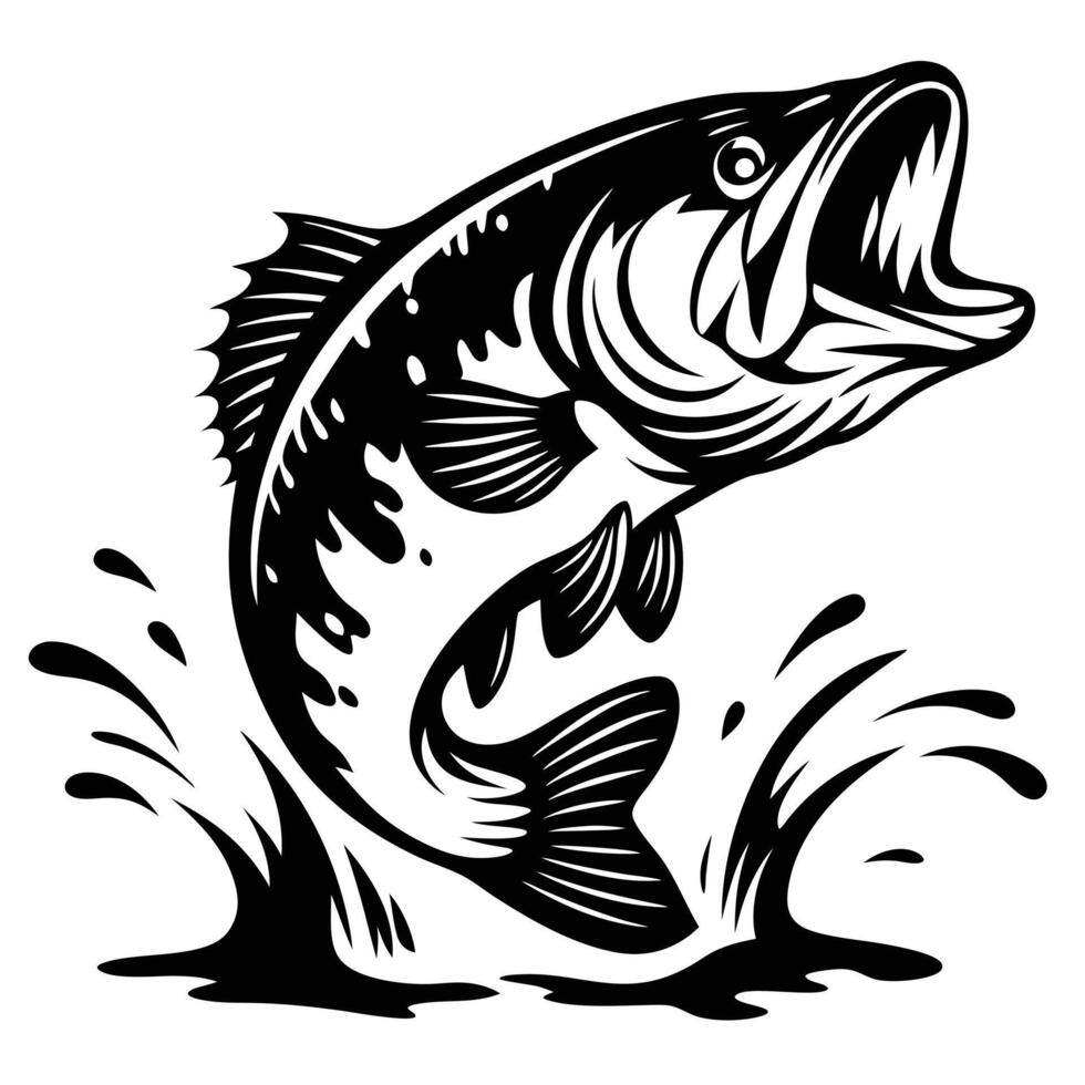 Leaping largemouth bass illustration black and white silhouette graphic vector