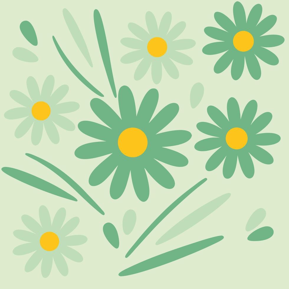Cute daisies and leaves pattern on light green background vector