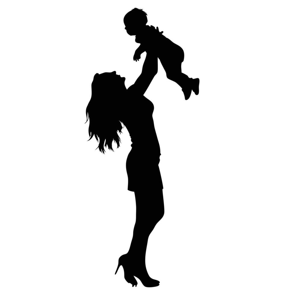 Mother silhouette lifting baby up in air happy family illustration vector