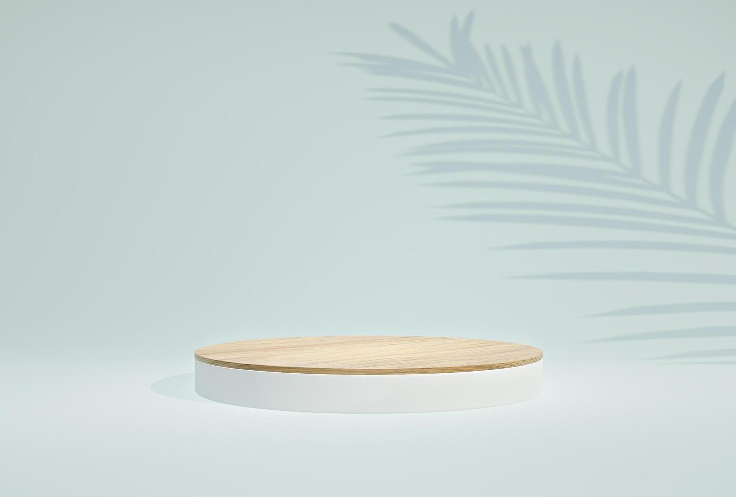 Abstract Wooden podium display geometric shape on blue pastel color background for product presentation. photo