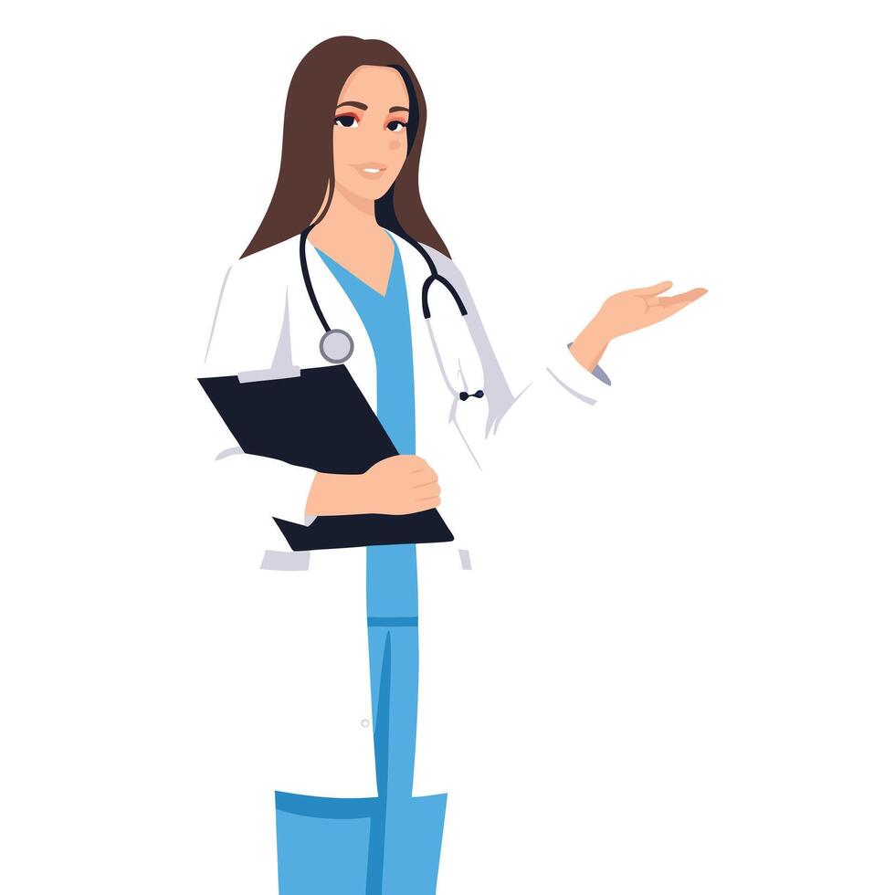 Friendly woman doctor presentation illustration with clipboard and stethoscope vector