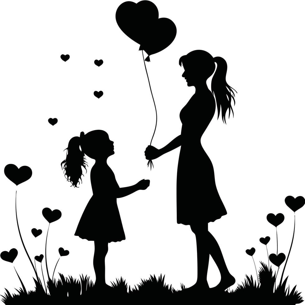 Silhouette illustration of mother and daughter with heart balloon in grassy field vector