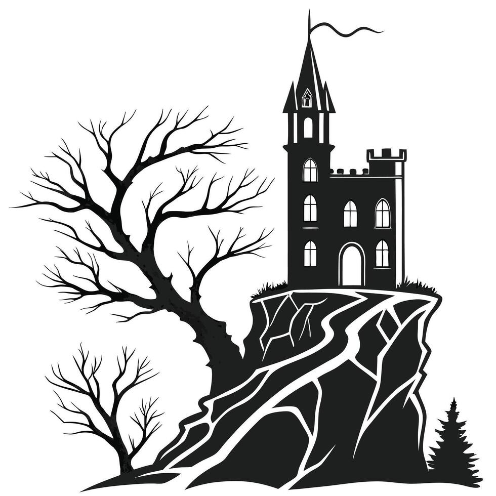 Silhouette of medieval castle on cliff with bare trees landscape vector