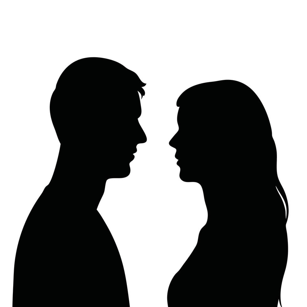 Silhouette of a loving couple staring at each other in black and white vector
