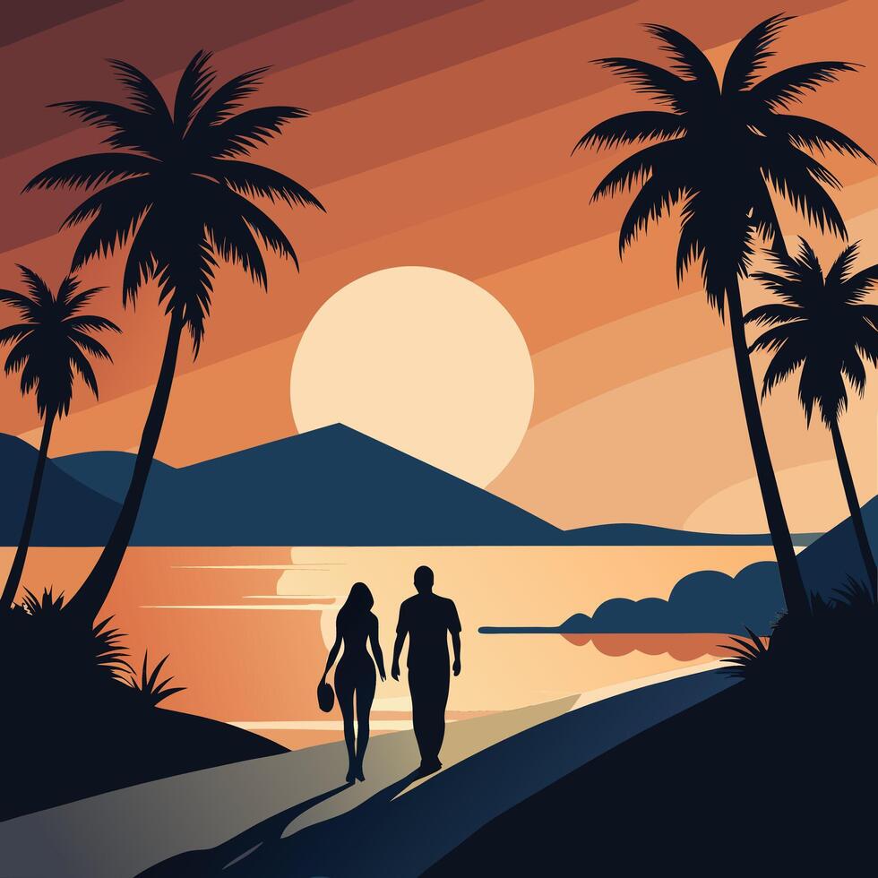 Couple walking on beach at sunset with palm trees vector