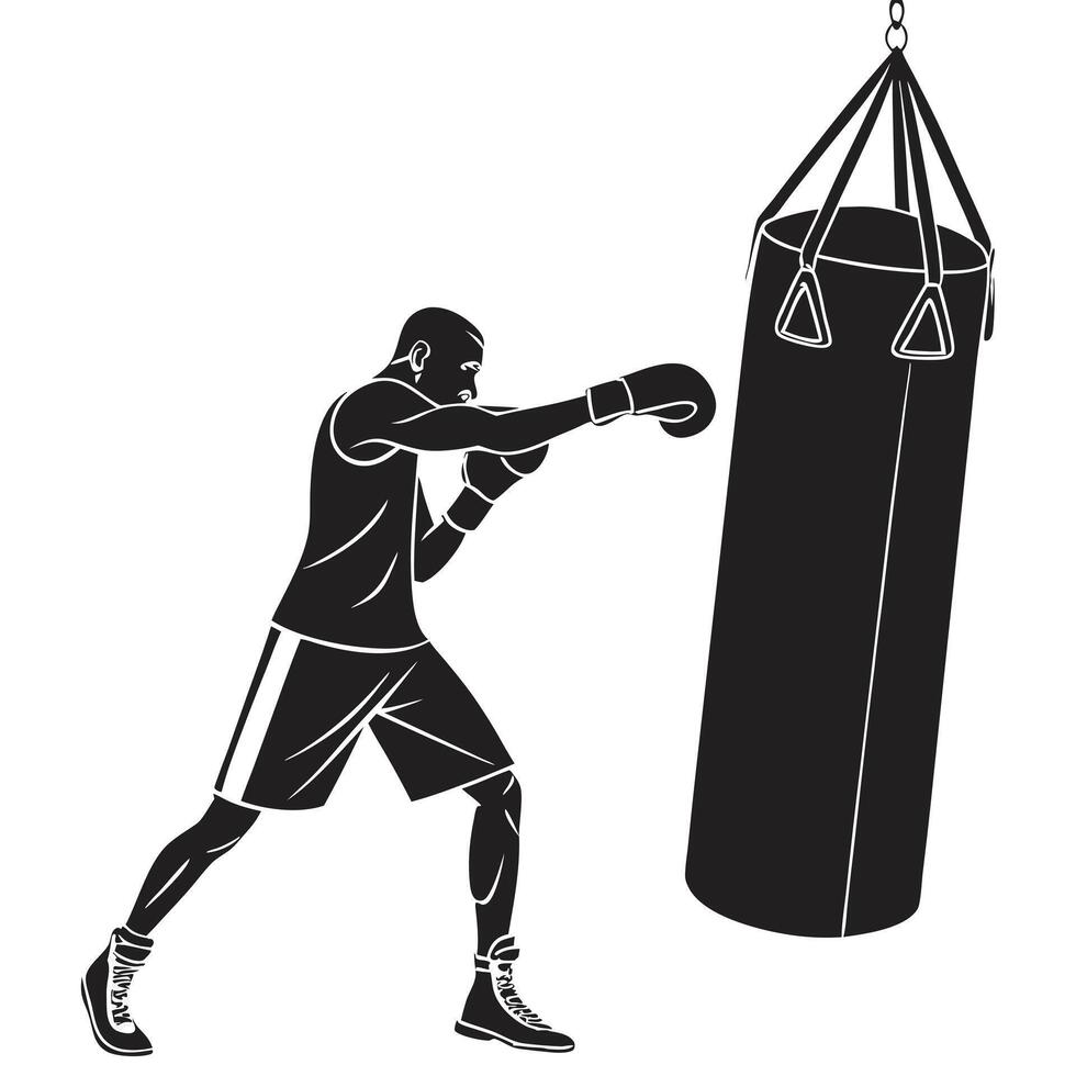 Boxer practicing with punching bag black and white silhouette vector