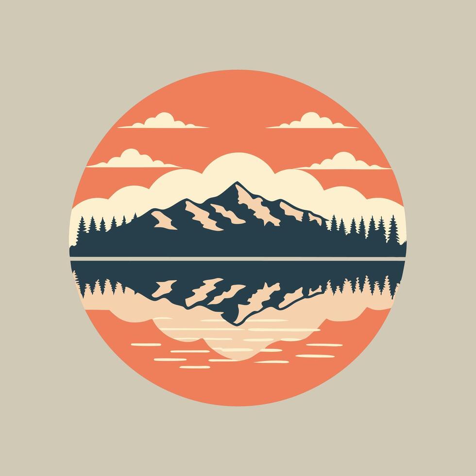 Mountain reflection landscape in circle graphic illustration vector