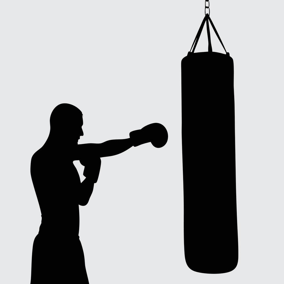 Silhouette of boxer punching a heavy bag for training vector