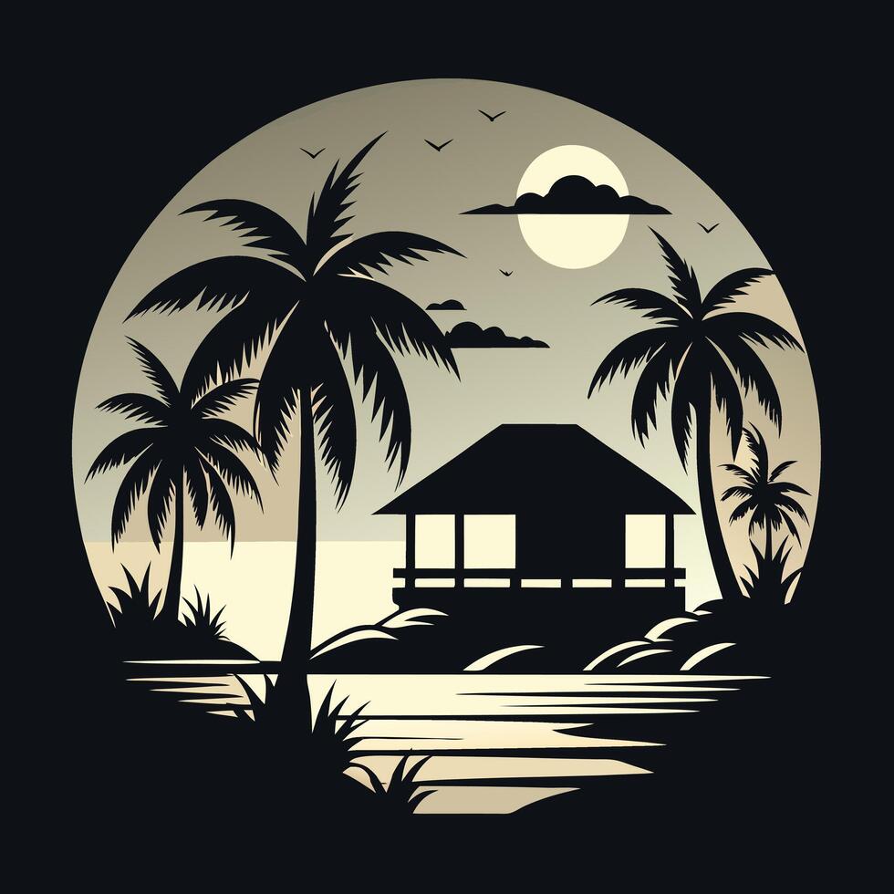 Tropical beach hut silhouette at sunset with palm trees vector