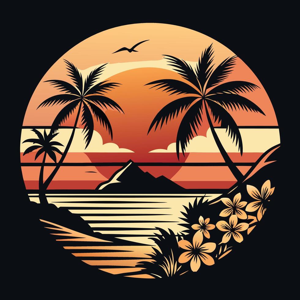 Tropical paradise landscape with palm trees sunset and flowers art vector