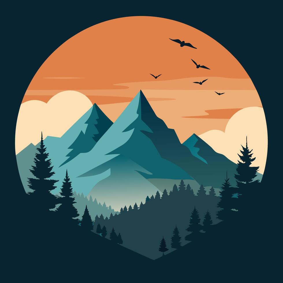 Teal mountain range and forest scenery with birds in flight vector