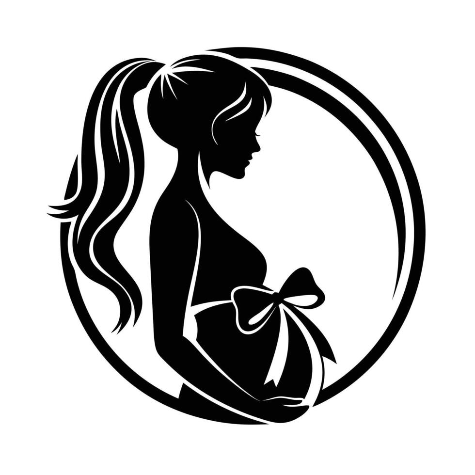 Pregnant woman silhouette with ponytail and decorative bow around belly vector