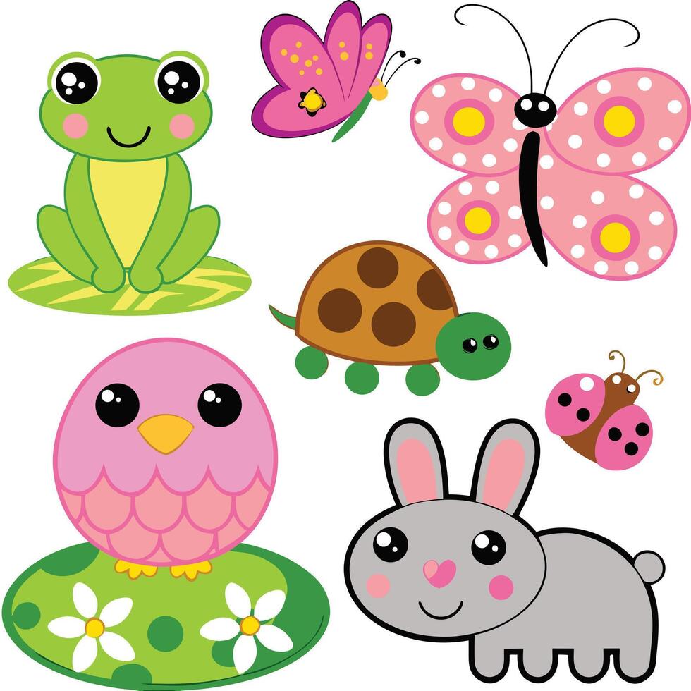 Cute cartoon animals set frog butterfly turtle bird and rabbit vector