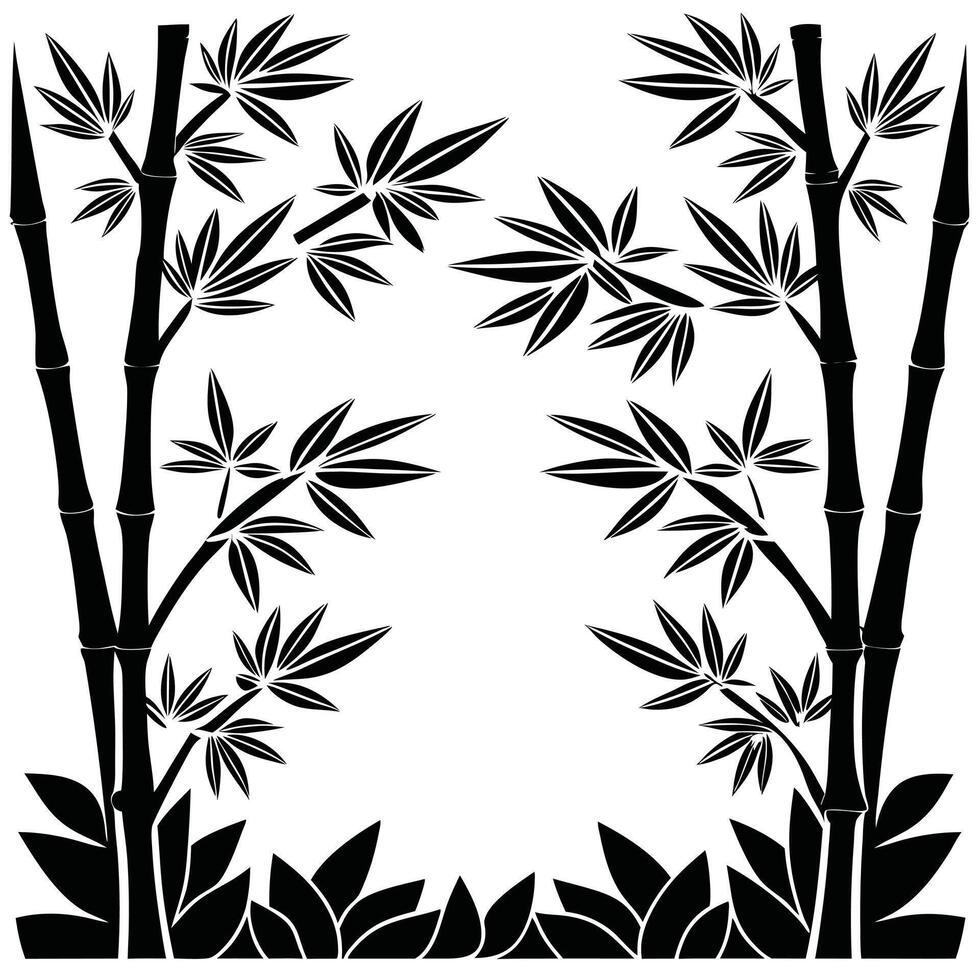 Black and white bamboo stalks with leaves frame illustration vector