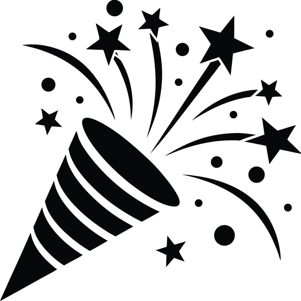 Black and white silhouette illustration of a celebratory party popper with stars vector