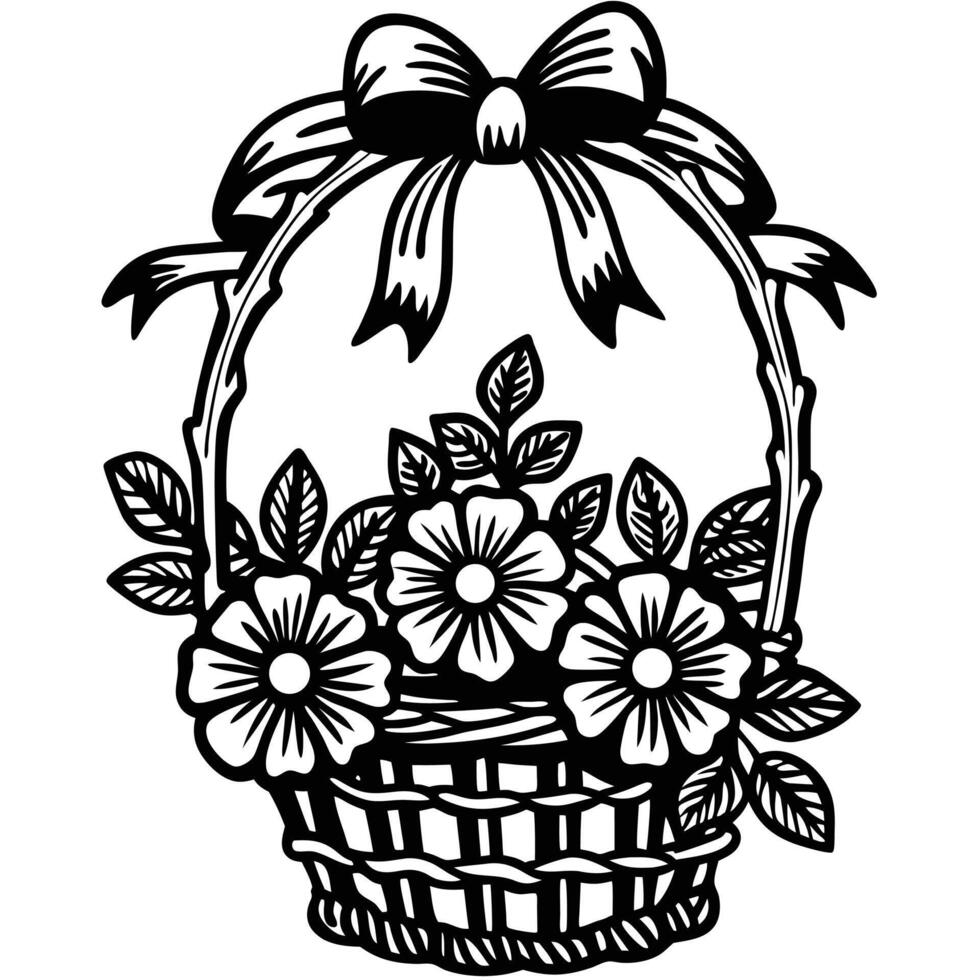 Black and white illustration of a basket filled with flowers vector