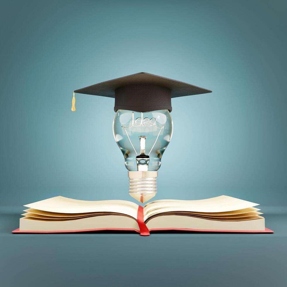 Learning, education or idea concept. Open book with light bulb and graduation cap on Blue background. photo