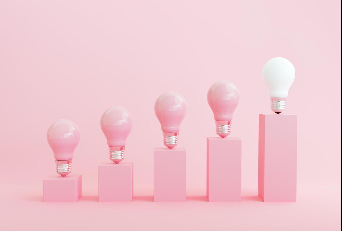Minimal conceptual idea concept, outstanding white light bulb among pink light bulbs on bar chart on pink background with copy space, 3d rendering photo