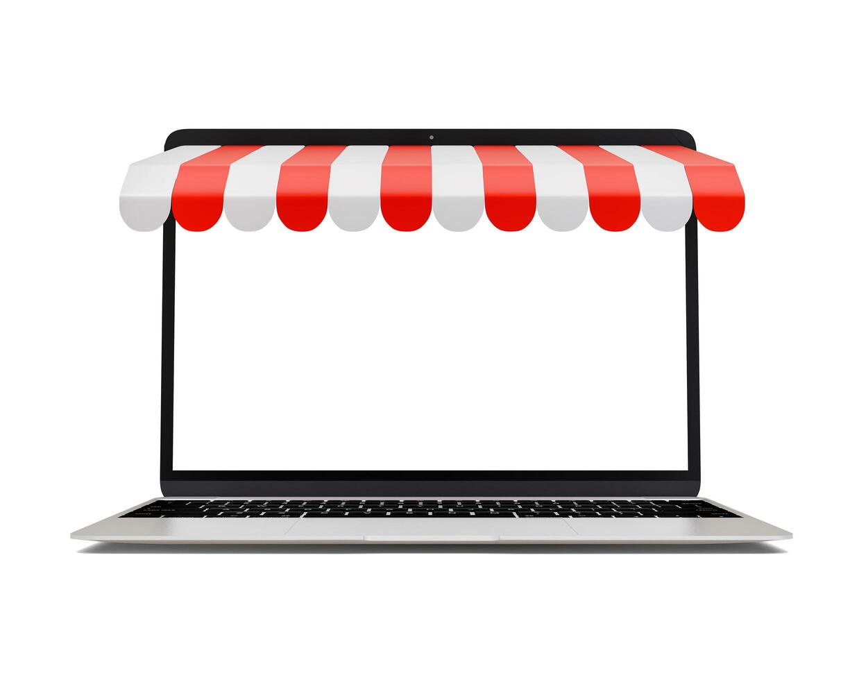 Online marketing and ecommerce business ideas, laptop with white screen and a red awning isolated on white, 3d illustration with Clipping path. photo