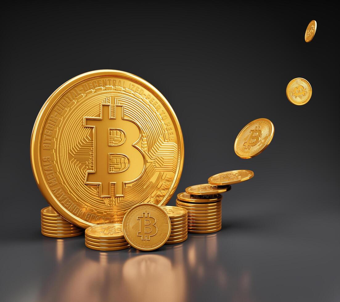 Bitcoin coins stacked with cryptocurrency and money saving concept. 3d rendering. photo