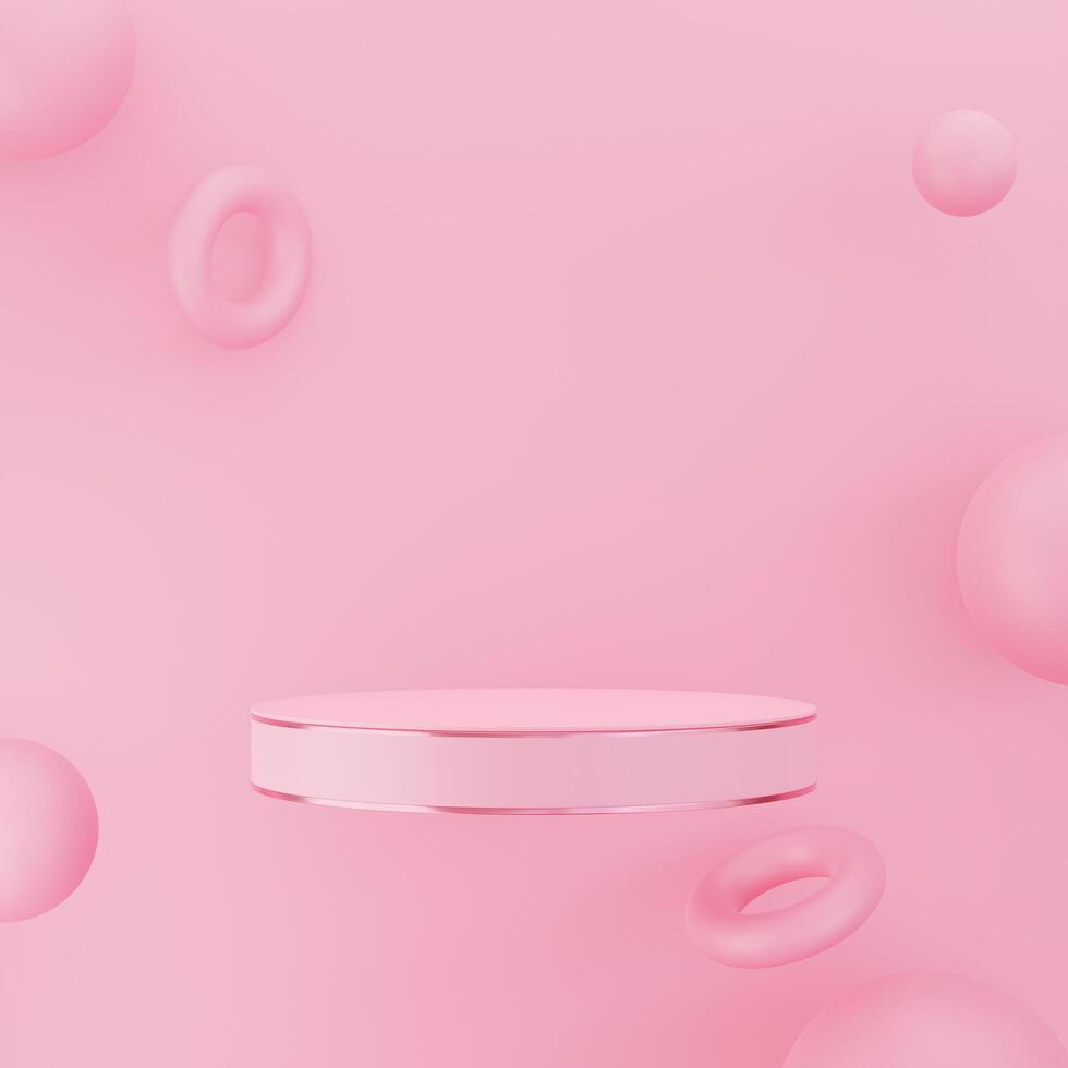 Pink product podium with abstract geometric ball, minimalist mockup stage scene display. photo