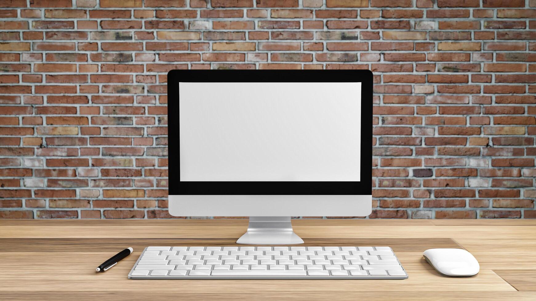 Computer screen white With a keyboard and a pen and a mouse on a wooden table with a brick patterned flap background. 3d render of workspace mockup photo