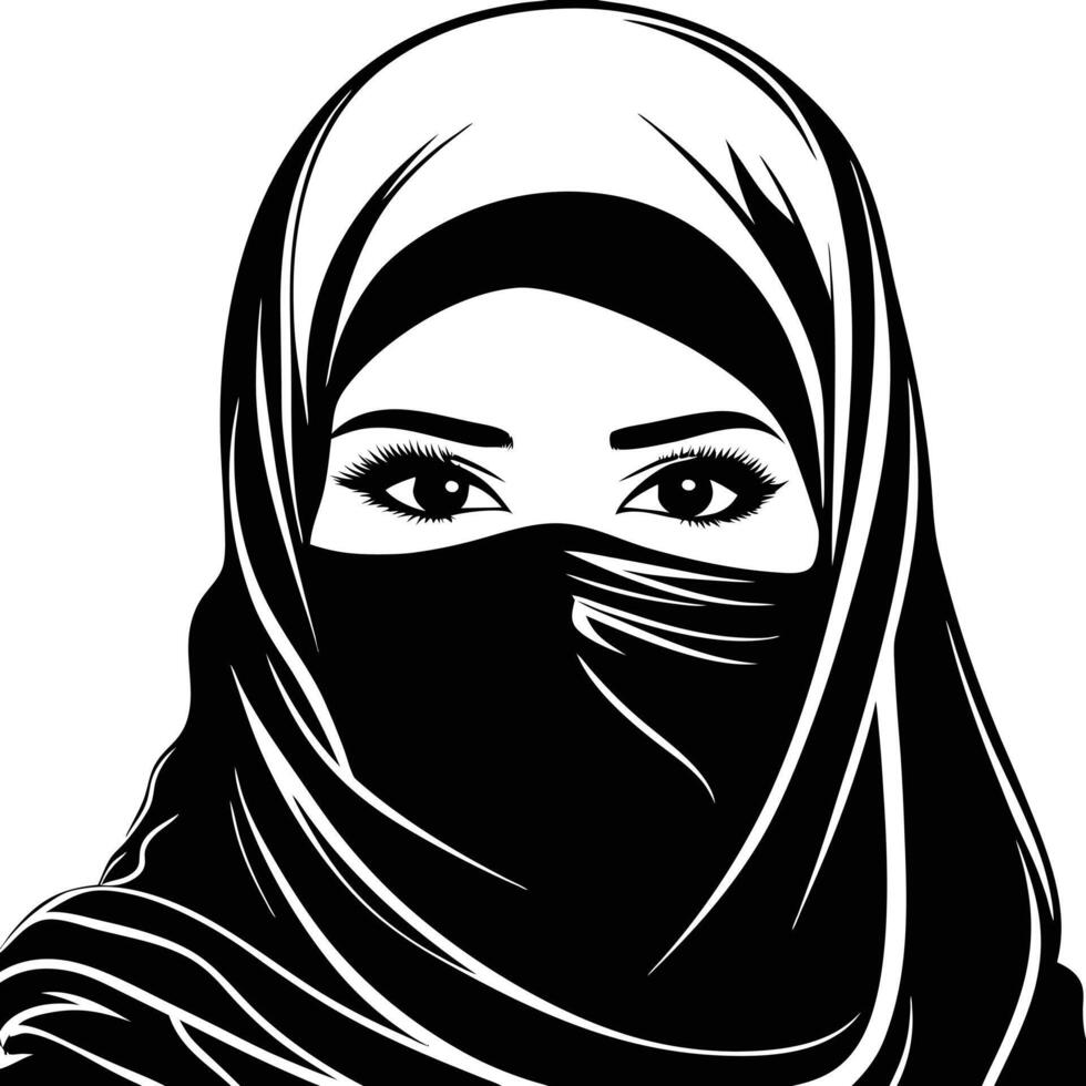 Black and white illustration of a woman wearing a niqab hijab vector