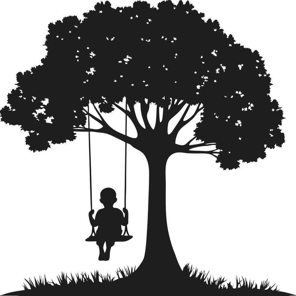 Silhouette of a child on swing hanging from tree branch with grass vector