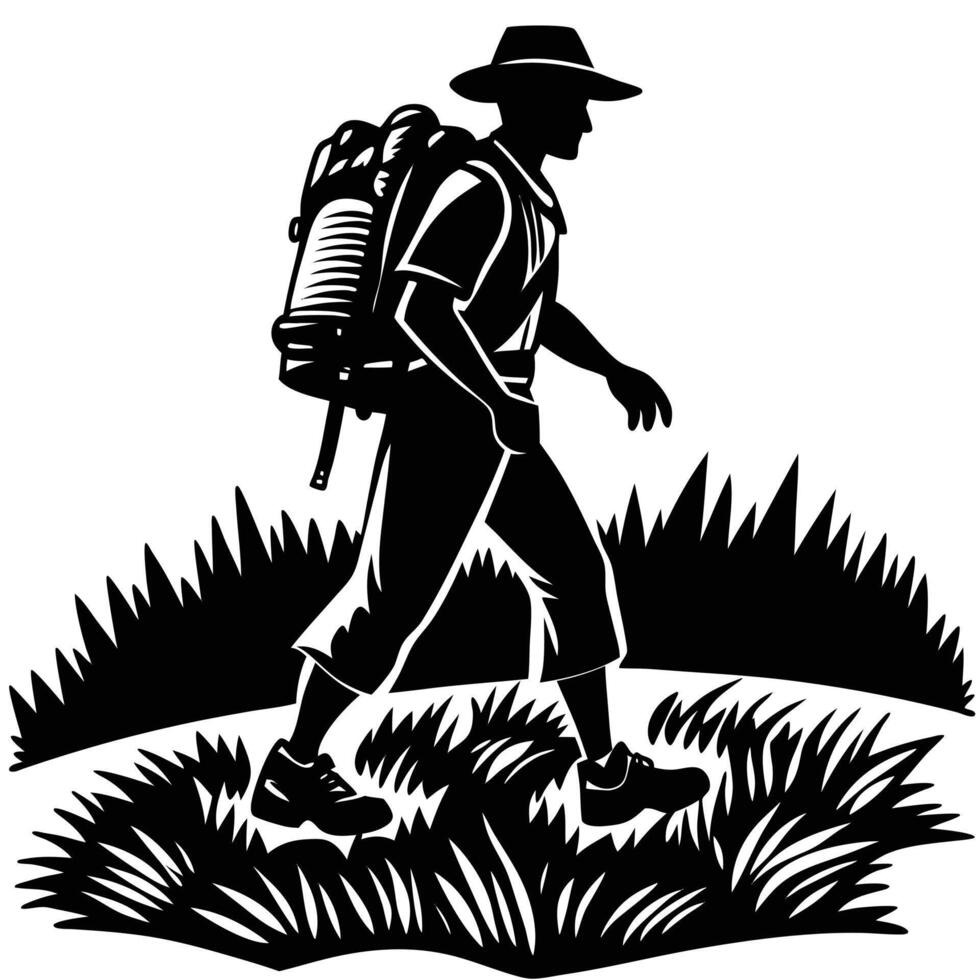 Silhouette hiker walking through grass with backpack isolated graphic vector