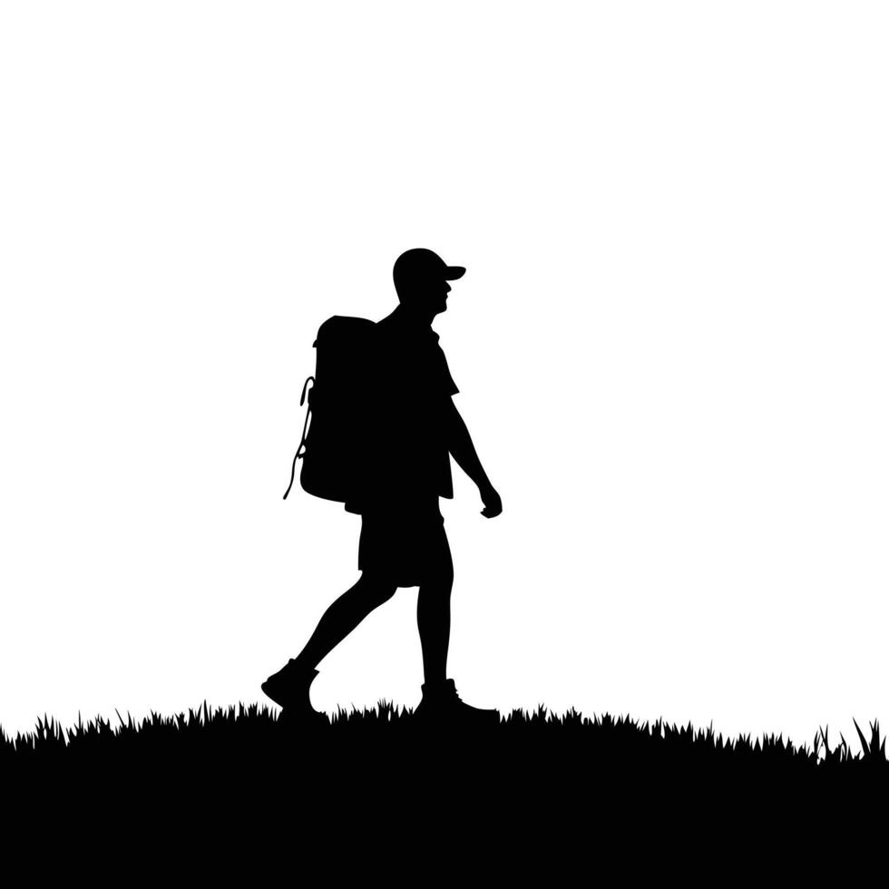 Hiker silhouette illustration man with backpack walking on trail in grassy field vector