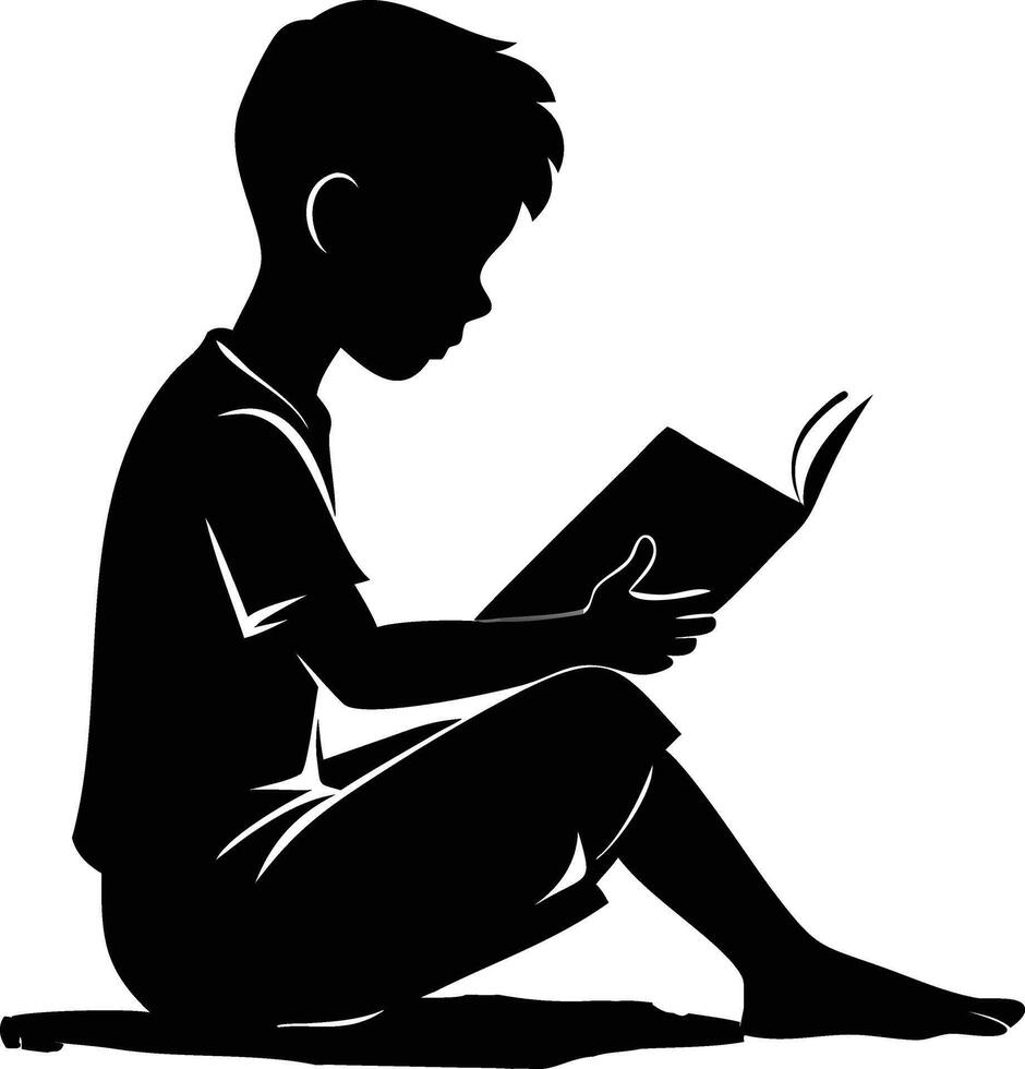 Silhouette of young boy sitting and reading book education and imagination vector