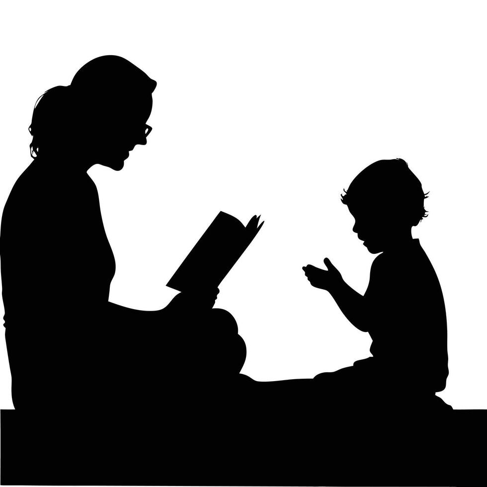 Mother reading book to child silhouette education family togetherness concept vector
