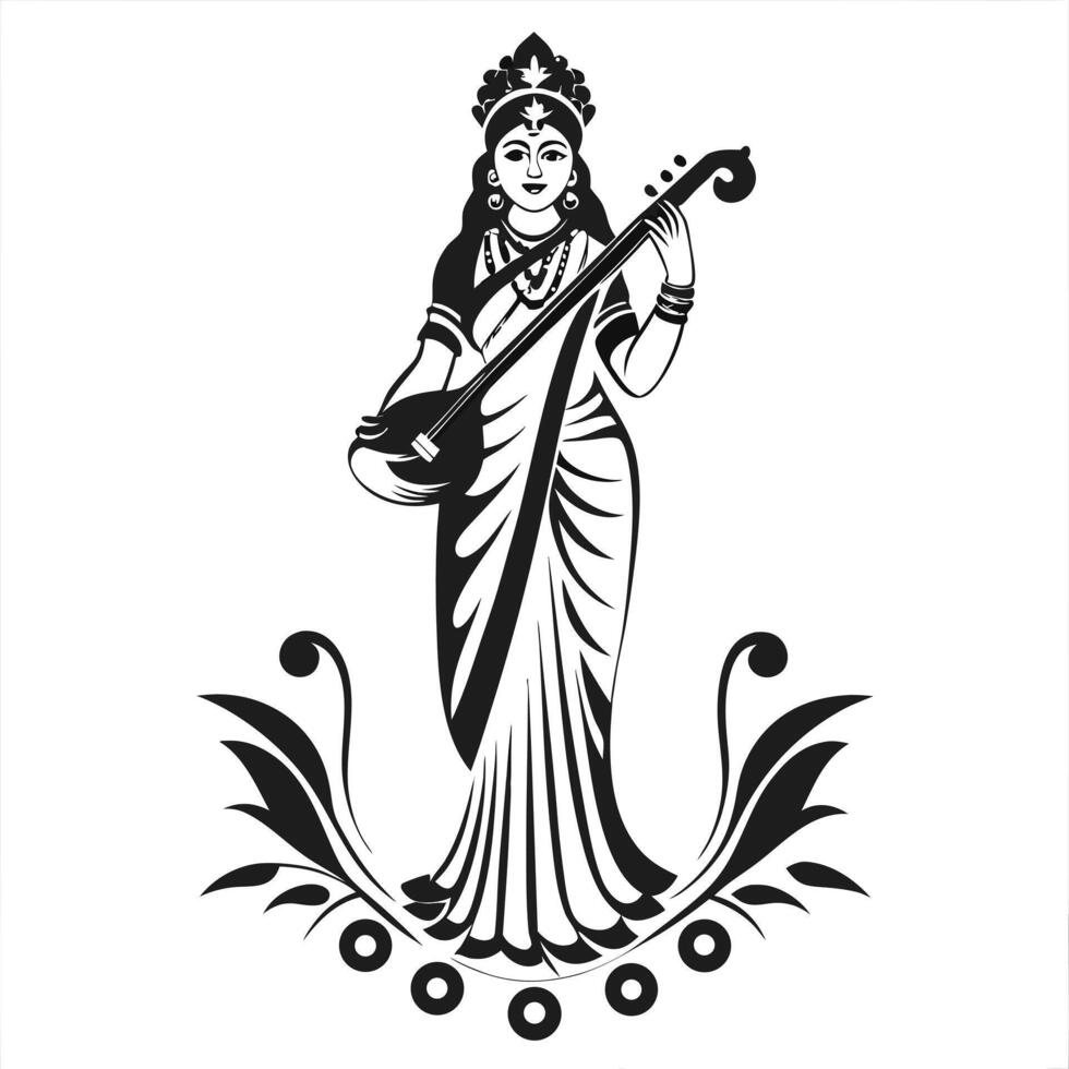 Saraswati goddess of knowledge monochrome illustration vector