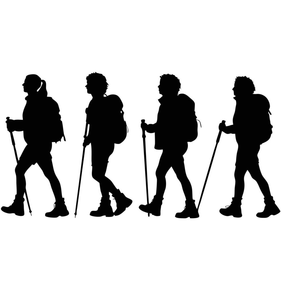 Hiking team silhouette adventure trekking with backpacks and walking sticks together vector
