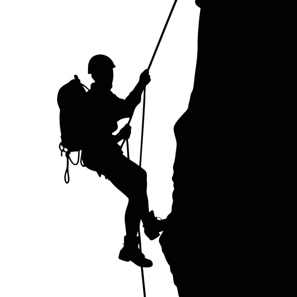 Silhouette of rock climber rappelling down a cliff using rope equipment vector