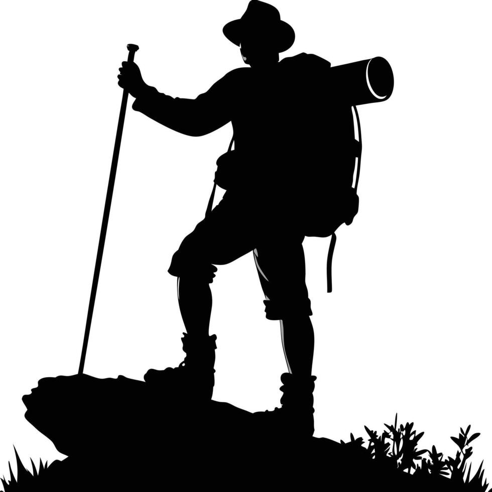Silhouette of a hiker with backpack and hiking stick on a rocky terrain vector