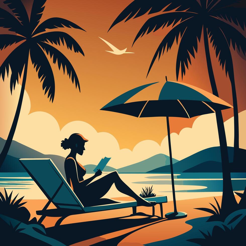 Woman relaxing and reading book on a tropical beach vector