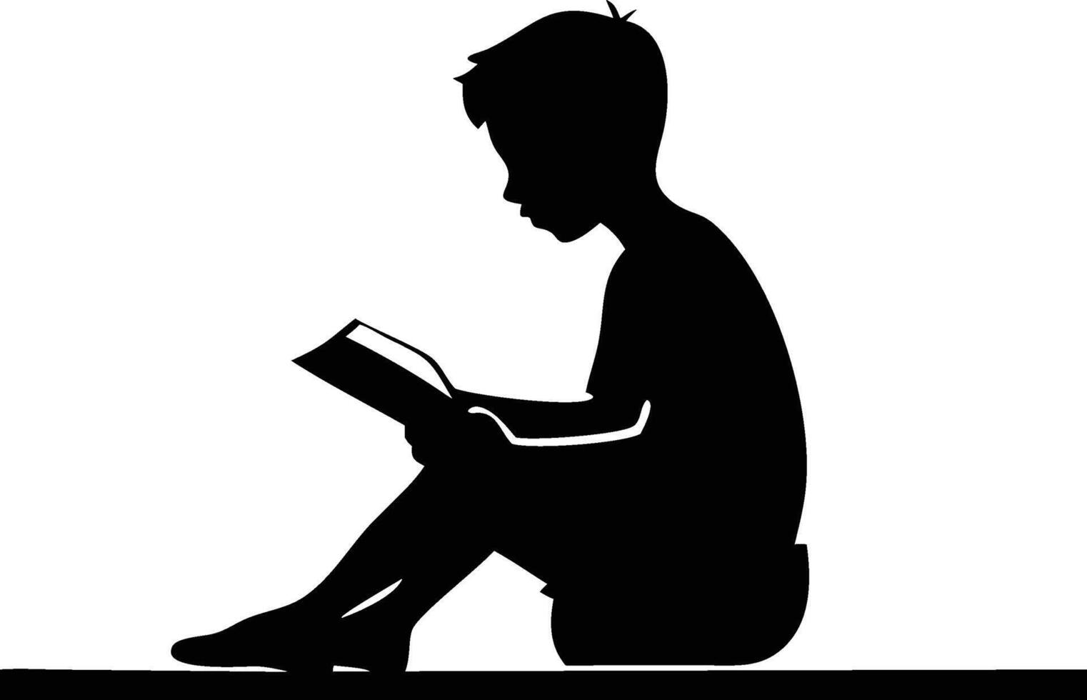 Silhouette of a young boy reading a book isolated on white background vector
