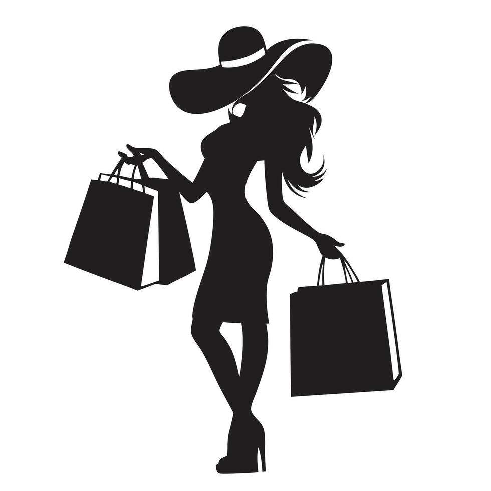 Silhouette of elegant woman in hat holding shopping bags illustration vector