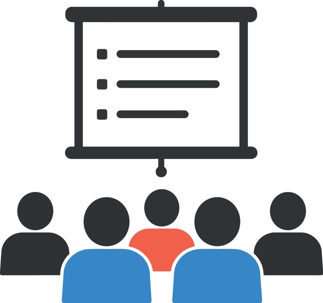 Group of people attending presentation with projection screen in flat minimal illustration vector
