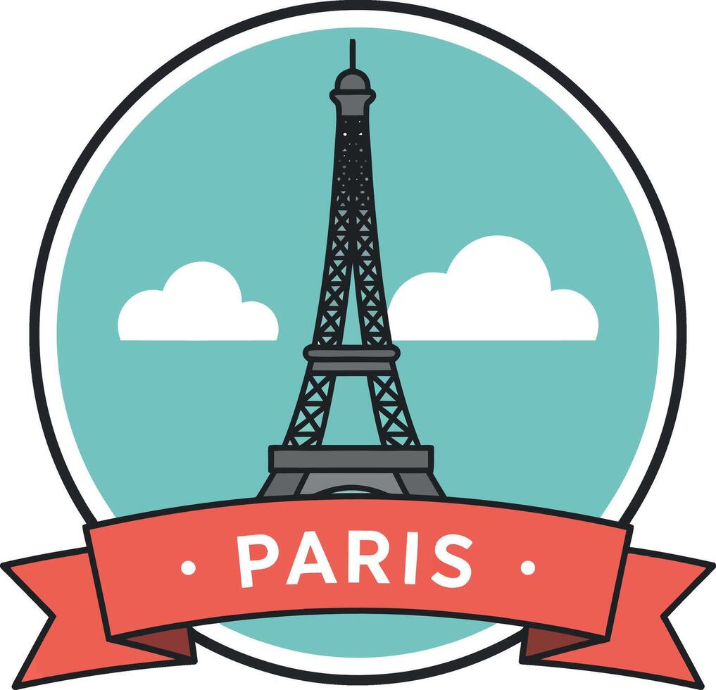 Eiffel Tower landmark with clouds and red banner in minimal flat design illustration vector