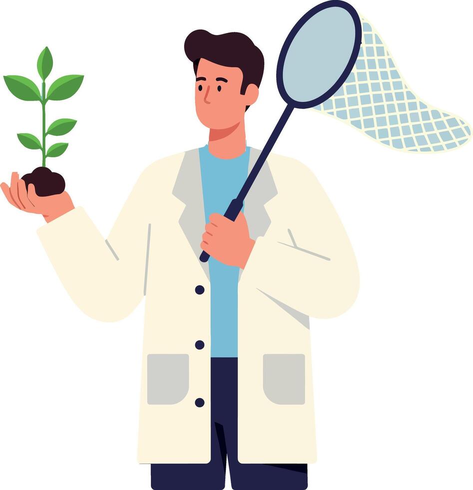 Scientist holding young plant and butterfly net in laboratory coat illustration vector