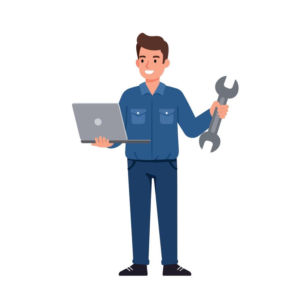Male technician holding laptop and wrench for repair and maintenance work in flat style vector