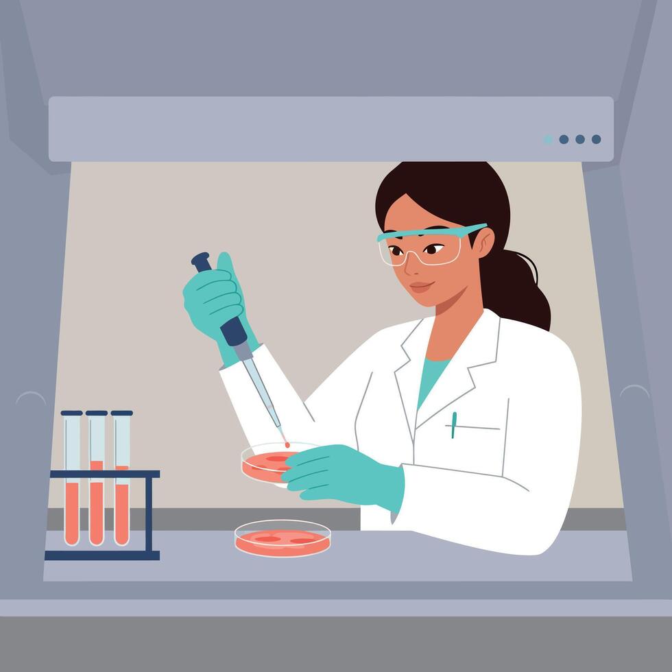 Female scientist working with petri dish and pipette in laboratory setting illustration vector