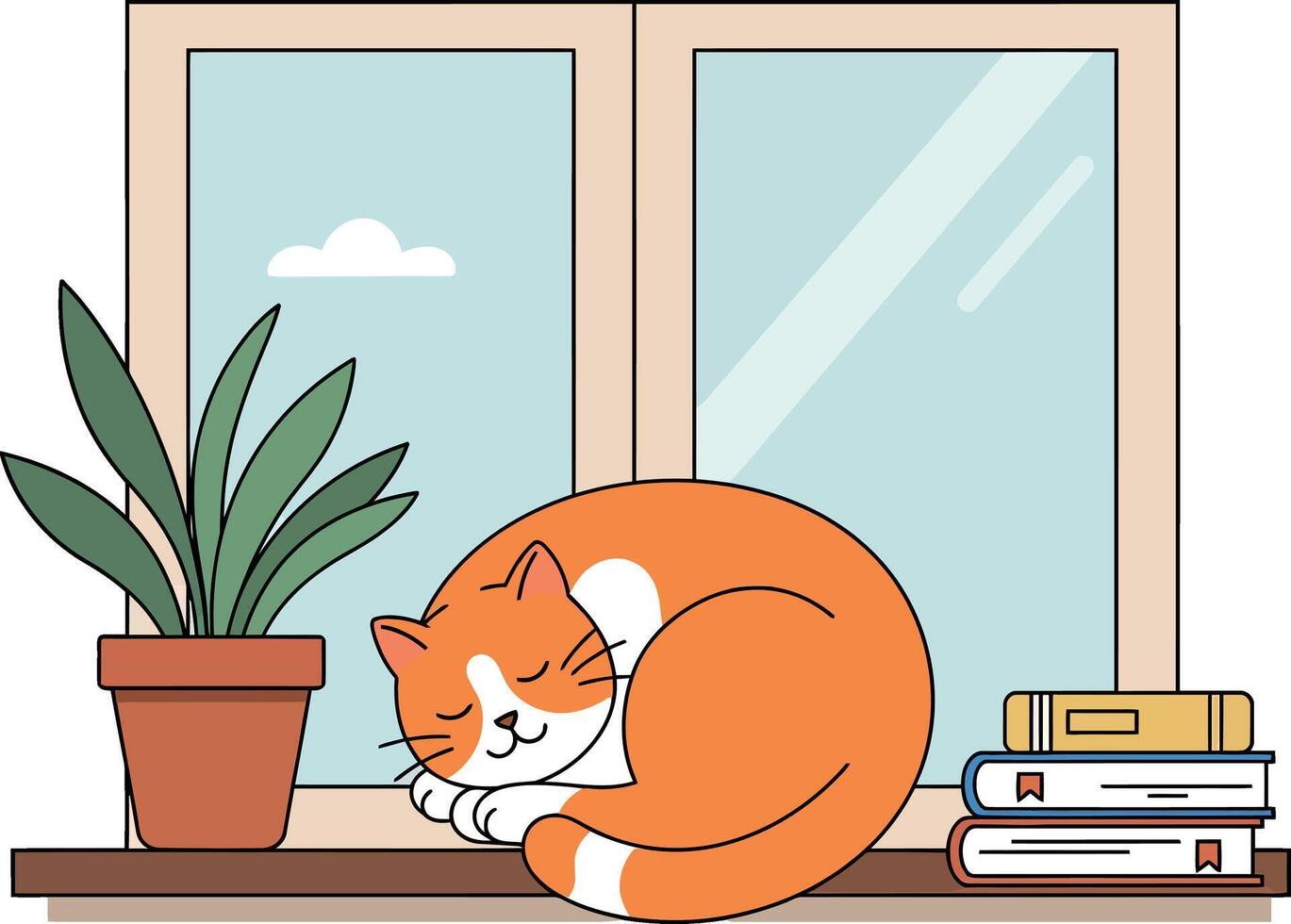 Orange and white cat sleeping curled on windowsill with potted plant and stacked books flat illustration vector