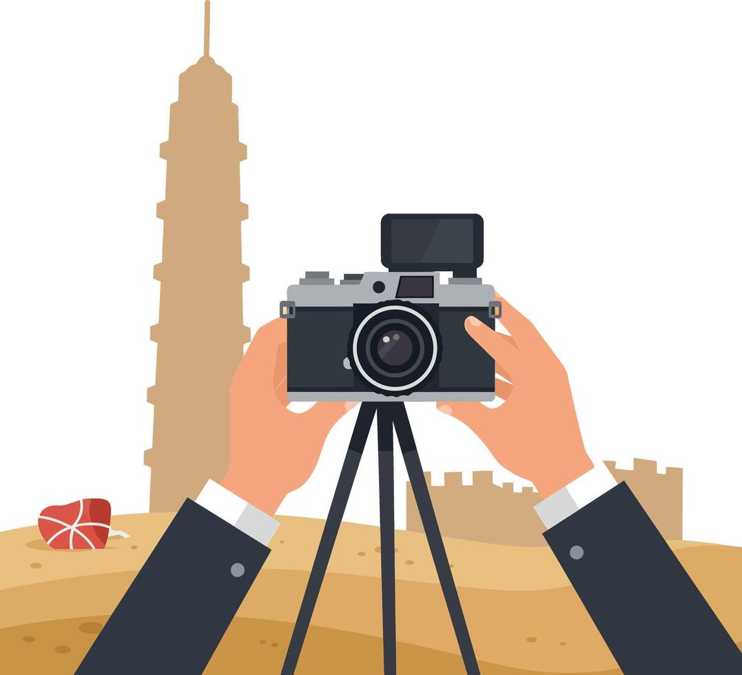 Hands holding camera on tripod capturing urban architecture with minimal flat style illustration vector