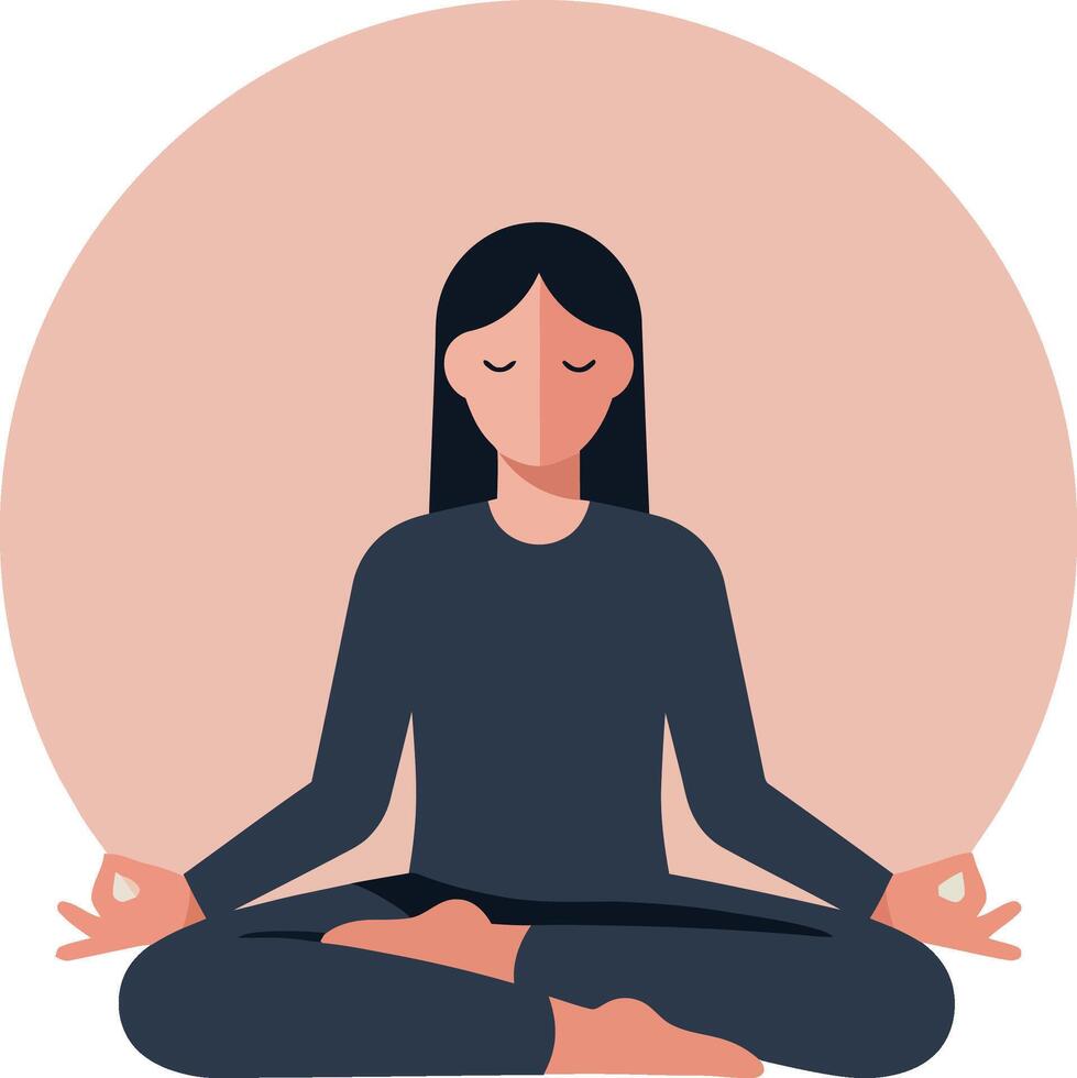 Woman meditating in lotus pose with calm expression and peach background illustration vector