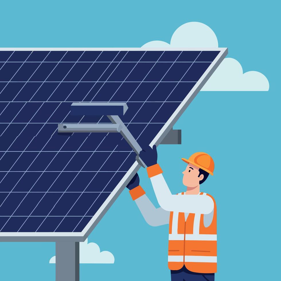 Worker Cleaning Solar Panels with Squeegee Outdoor Under Blue Sky Illustration vector