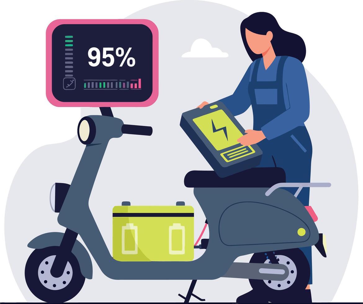 Woman repairing electric scooter battery with digital display showing charge level flat illustration vector